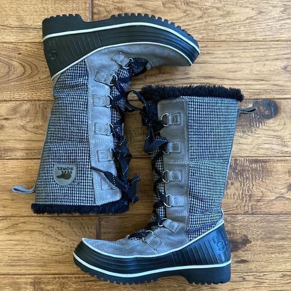𝅺SOREL Joan of Arctic Boots Winter Snow Faux Fur Gray Houndstooth Plaid Size 7 - Picture 5 of 14